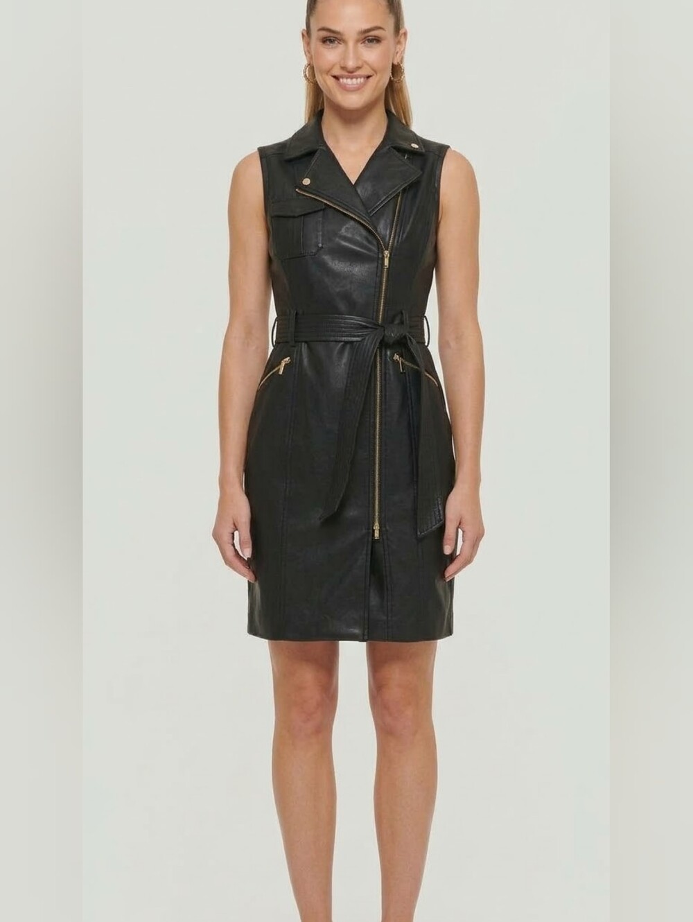 Calvin Klein Black Sleeveless Faux Leather Zip Dress with Tie Waist